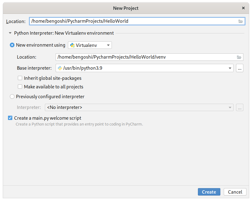 PyCharm – New Project screen